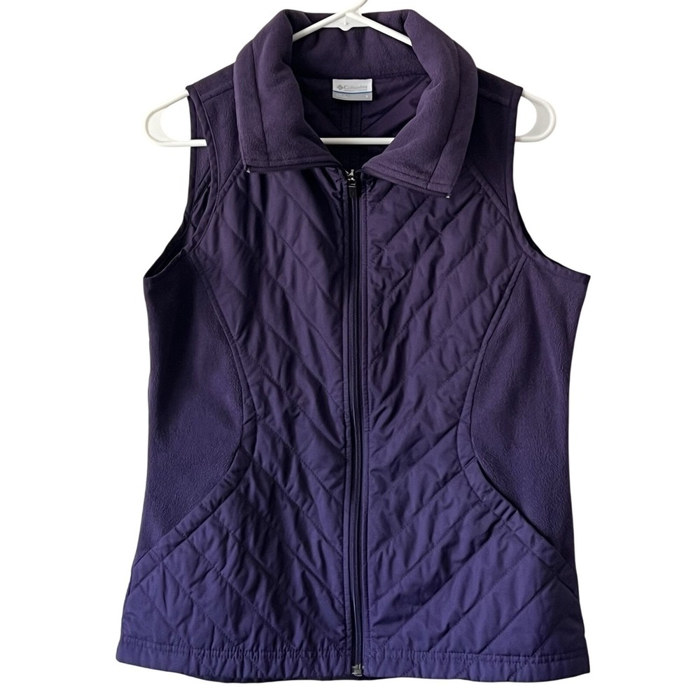 Columbia Womens Purple Chevron Quilted Full Zip Fleece Trim Puffer Vest Small